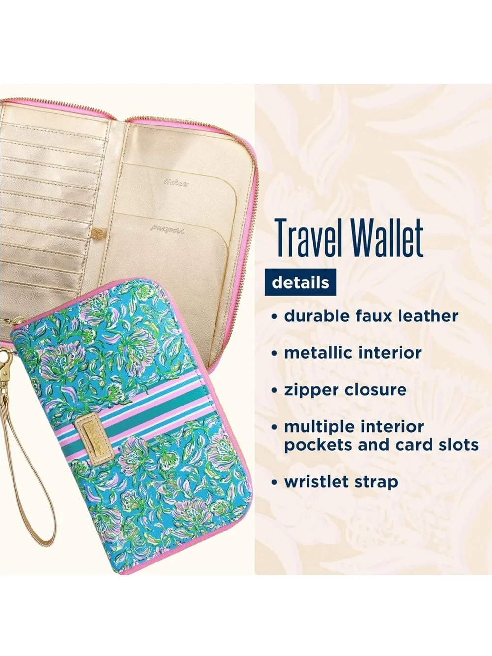 New Lilly Pulitzer Pink Floral Zip Wristlet Travel Wallet Passport Holder